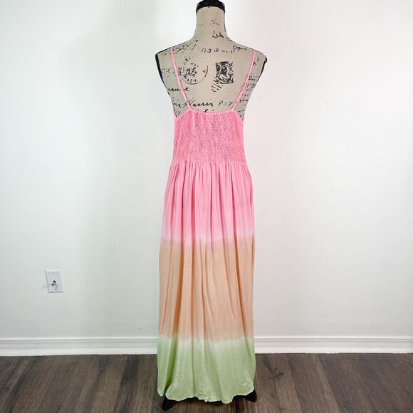 Bohome NWT Front Tie Swim Coverup Maxi Dress Pink Peach Lime Green Ombre Size M - Picture 3 of 6